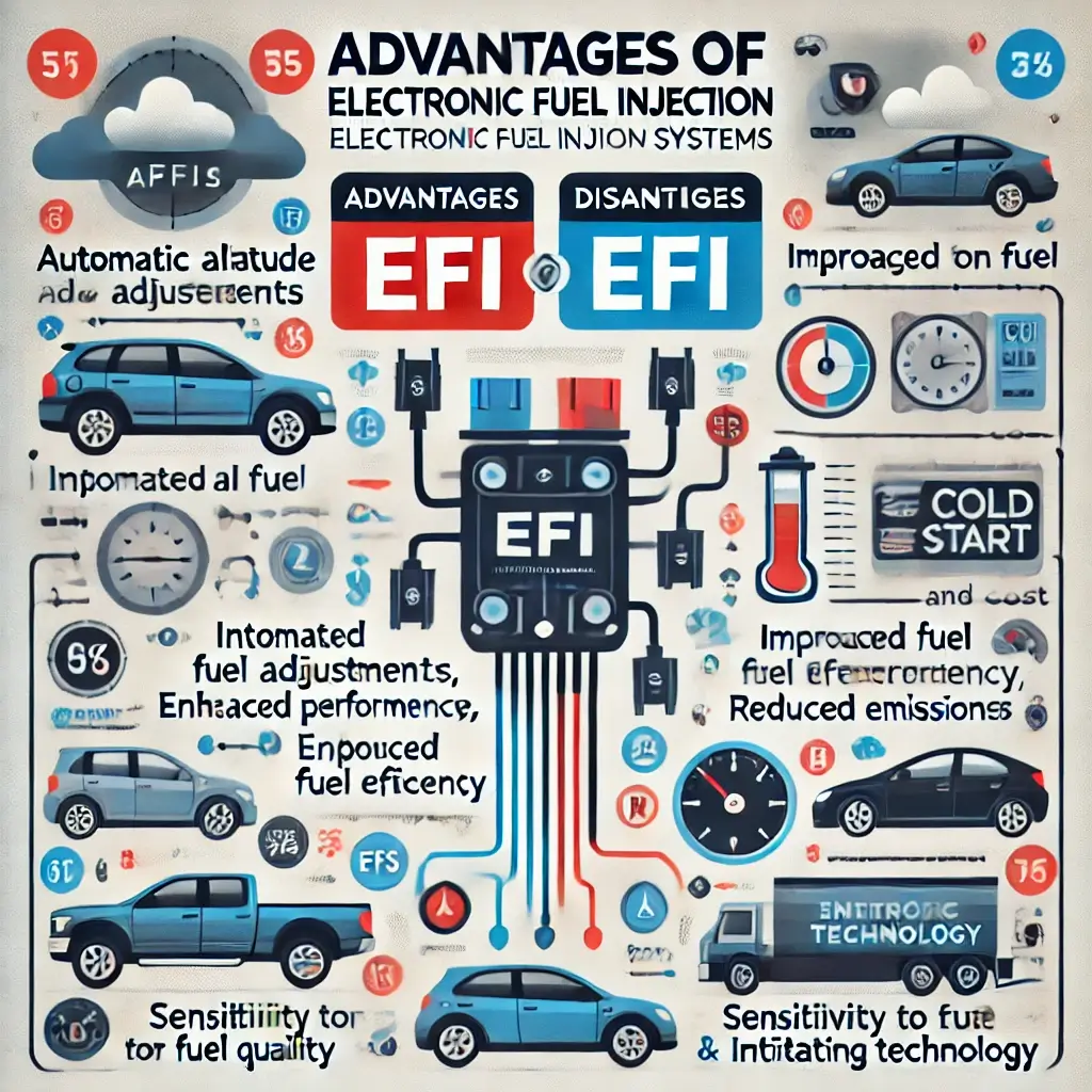 An educational infographic illustrating the advantages and disadvantages of Electronic Fuel Injection (EFI) systems. The left side should list the adv